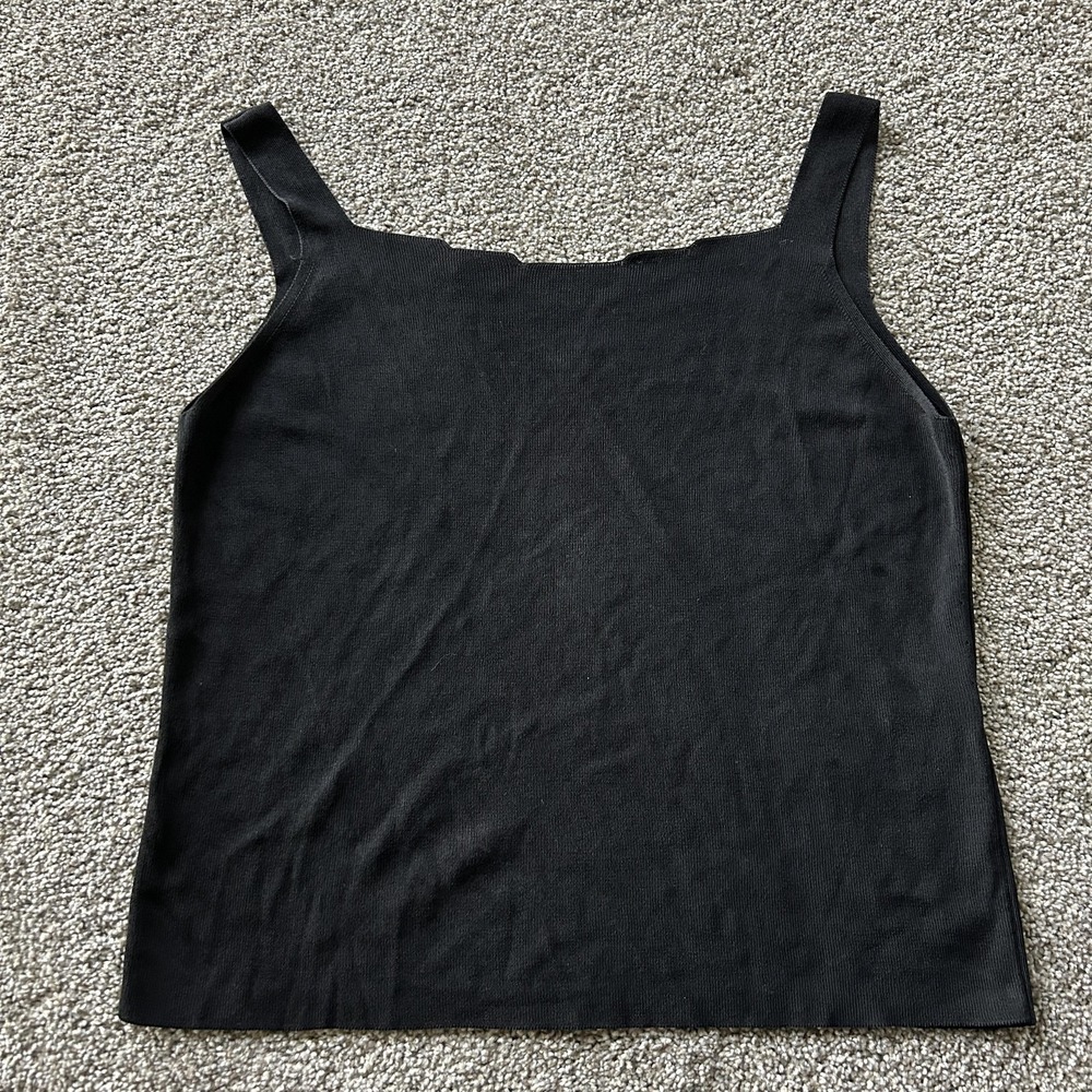 Tank Top Womens L Black Square Neck Knit Rayon Cotton Sleeveless Camisole Basic